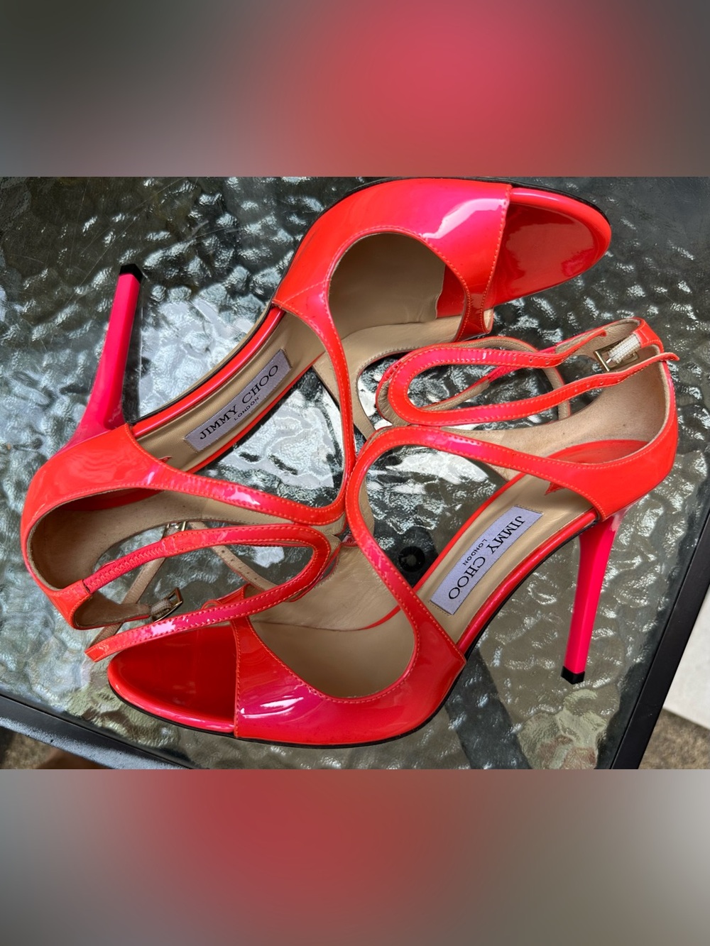 Jimmy Choo Lance Neon Pink Patent Leather Strappy Sandals - Picture 7 of 16